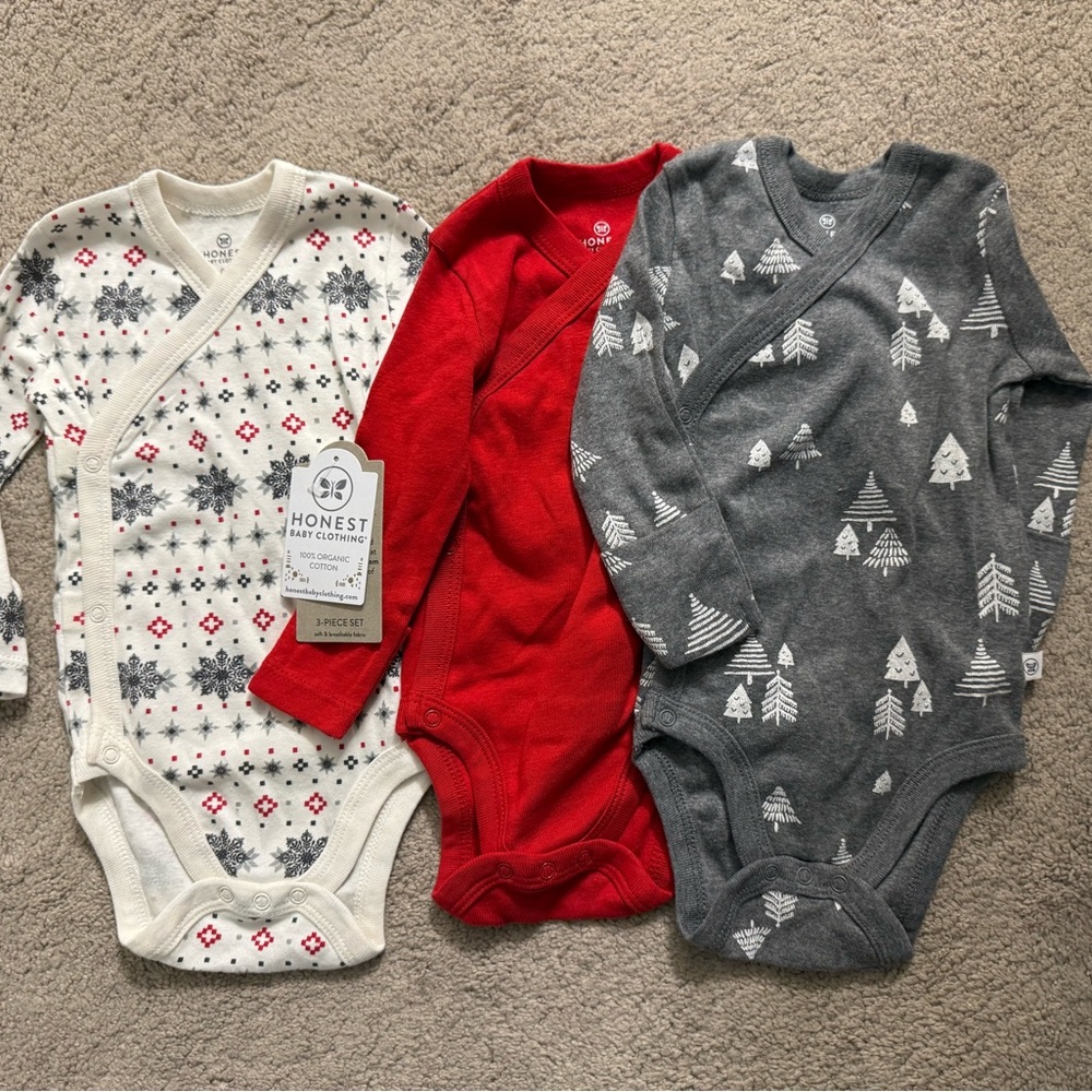 The Honest Company Red, Gray, and Cream Bodysuits